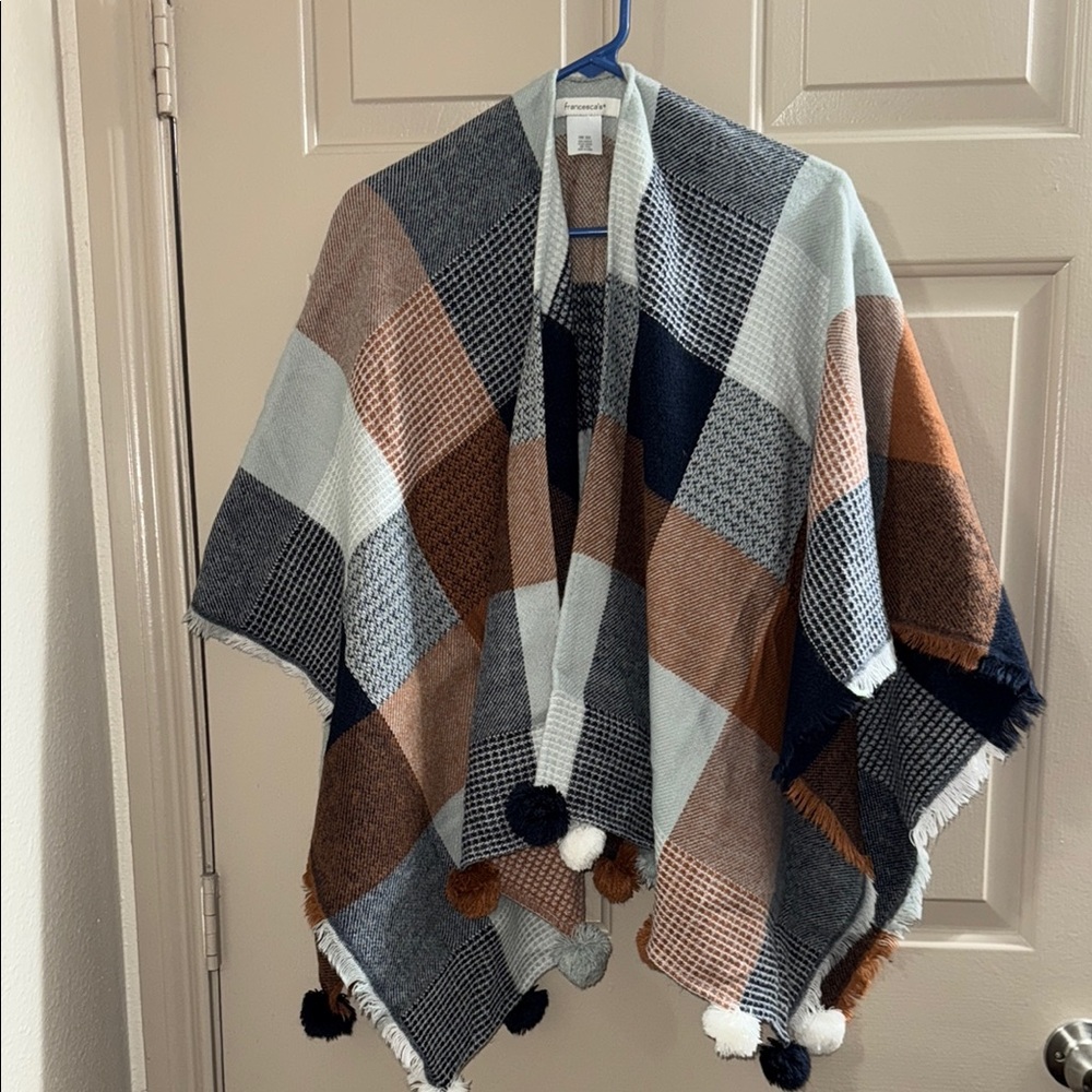 Plaid Poncho with Pom Poms